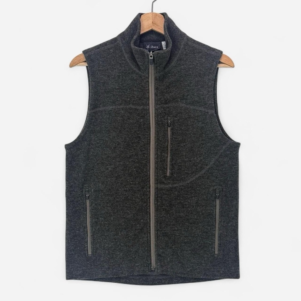 Ibex Shak Merino Zque Merino Wool Vest Pockets Hiking Full Zip Green Men's S